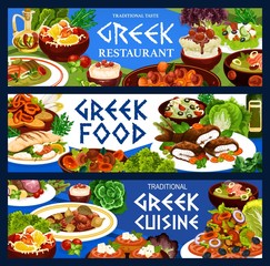 Greek cuisine food vector design of vegetable salad with meat, fish, seafood meal and dessert. Tomato, feta and olives on bread, yogurt sauce, baked lamb and pepper, cod soup, mushroom stew and squid
