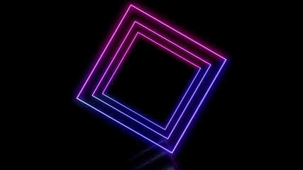 Several neon squares rotating on the black background.