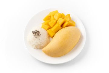 fresh ripe mango and sticky rice isolated on white background, Thai dessert, clipping path