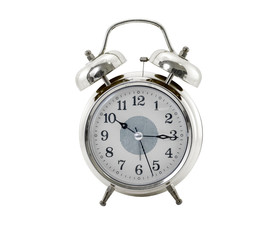 silver alarm clock isolated on white background