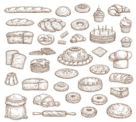 Bread and pastry isolated sketch icons, vector food of bakery shop. Bread, cake, baguette and croissant, cupcake, toast, donut and muffin, bun, pretzel, pie, cookie and waffle, cereal flour and dough