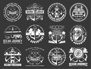 Nautical icons with sea ship anchors, chains and ropes of marine travel or journey. Vector sail boats, sailor compass roses, lighthouses and diver helmet, naval cannon, swords and crab, naval heraldry