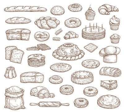Bread and pastry isolated sketch icons, vector food of bakery shop. Bread, cake, baguette and croissant, cupcake, toast, donut and muffin, bun, pretzel, pie, cookie and waffle, cereal flour and dough