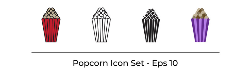 Set of Popcorn Icon Isolated on White Background. This Collection Consist of Four Type Icon Design, That is Line, Filled, Glyph and Flat. Vector Illustration.