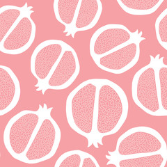 Pomegranate pattern design. Vector fruit outline in pink and white. Cute tossed healthy food seamless repeat.