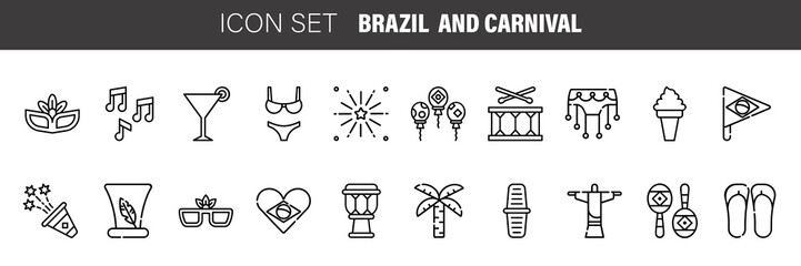Brazil country icons set. Outline set of brazil CARNIVAL vector icons for web design isolated on white background