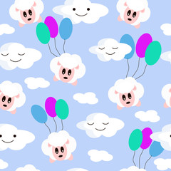 Lambs with balloons and clouds. Vector pattern on a blue background. Children's illustration.