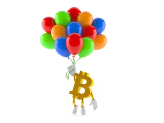 Fototapeta na wymiar Bitcoin character flying with balloons