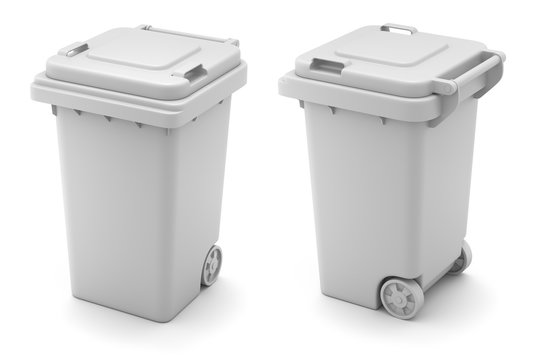 Clay render of plastic trash can on white background - 3D illustration