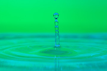 splash of water drop on a color gradient green surface close-up
