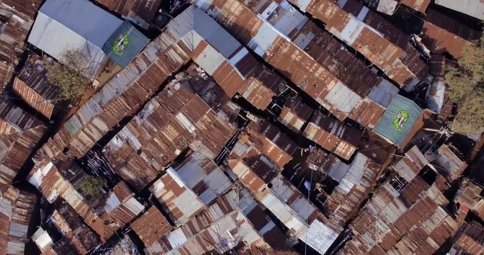 Overview of the Kibera Slums, Rusted houses. 4K Drone footage