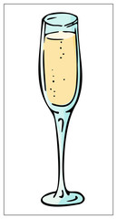 Vector illustration with a glass of sparkling wine, champagne. For web design, logo, icon, app, UI. Cartoon style