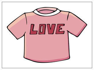 Vector illustration with outlines of pink womens T-shirt with letters LOVE. For web, logo, icon, app, UI. Cartoon style