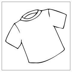 Vector illustration with outlines of white basic simple T-shirt. For web, logo, icon, app, UI. Cartoon style. Casual