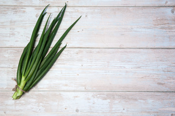 A bunch of feathers of fresh spicy spring green onions on a light wooden background. Salad ingredient. Free space.