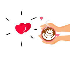 Overview of hot fresh cappuccino in pink cup during break in hand and heart shape.