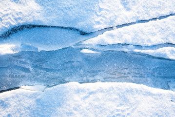 Fototapeta na wymiar Closeup cracks on the ice that covered with snow. Lake Baikal, Russia