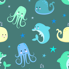 Octopus, dolphin, whale. Cute cartoon sea animals. Seamless pattern for printing on fabric, paper. Flat vector illustration isolated on white background.