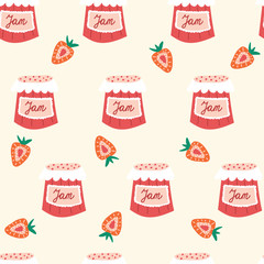 Strawberry jam seamless vector pattern. Repeating pattern with strawberry preserve jars. Use for fabric, gift wrap, packaging