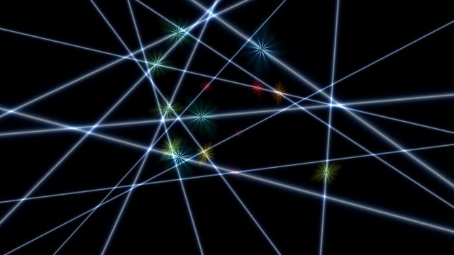 Lines and Shining Stars. On a black background,  blue lines and multicolored stars running along them rotate. You can loop seamlessly.