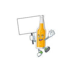 Cute bottle of beer mascot design smiley with rise up a board