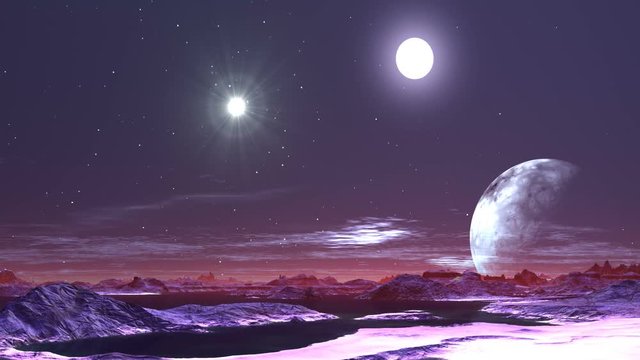 Shining Landscape Alien Planet. The bright sun and stars shine in the dark sky. A large planet (moon) rises above the horizon. Mountains are among the lakes. Slowly floating clouds. All bathed in blue