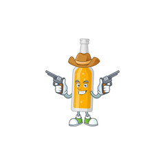 A masculine cowboy cartoon drawing of bottle of beer holding guns