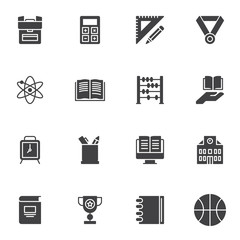 Education vector icons set, modern solid symbol collection, filled style pictogram pack. Signs, logo illustration. Set includes icons as school bag, clock, online e-learning, book, sport, calculator