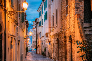 Fototapeta na wymiar Terracina, Italy. Night Evening View Of Old Street In Illuminations