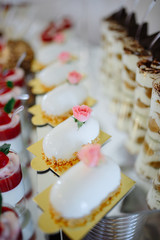 Delicious varied desserts at the wedding table.