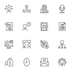Job interview line icons set, outline vector symbol collection, linear style pictogram pack. Signs, logo illustration. Set includes icons as human resources, office building, employee recruitment