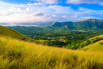 Obraz premium Countryside of Coron - Amazing view from Mount Tapyas on Busuanga Island at sunset - tropical destination with paradise landscape scenery, Palawan, Philippines.