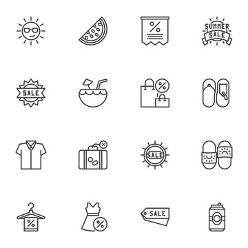 Summer commerce line icons set, outline vector symbol collection, linear style pictogram pack. Signs, logo illustration. Set includes icons as summer sale sticker, price tag, discount label, clothes