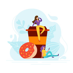 Coffee break concept with tiny people, cup and donut in flat style. Good morning illustration for cafe card, menu, print. Creative lunch vector poster