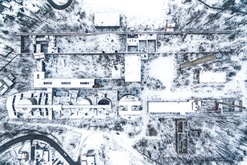 Old abandoned cement factory winter snow time in Bedzin Poland aerial drone photo