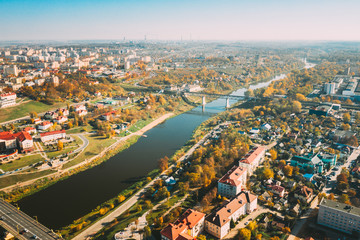 Fototapeta na wymiar Grodno, Belarus. Aerial Bird's-eye View Of Hrodna Cityscape Skyline. Residential District In Sunny Autumn Day