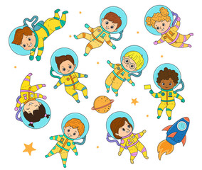 Set of vector astronaut kids. Girls and boys in astronaut costume flies