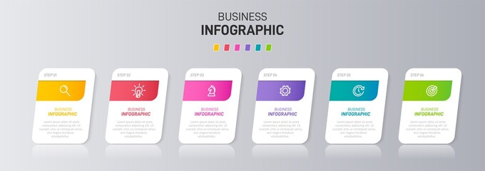 Concept of arrow business model with 6 successive isometric steps. Six colorful graphic elements. Timeline design for brochure, presentation. Infographic design layout