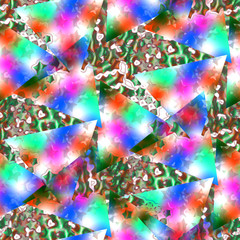 Seamless pattern glitch design. Multicolor print with mesh triangles, stars and wavy elements. Watercolor effect. Suitable for bed linen, leggings, shorts and fashion industry.