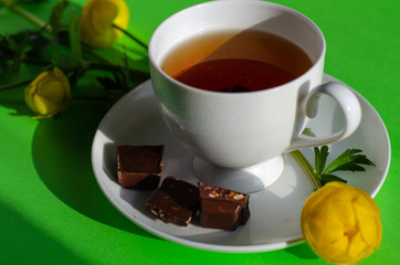 A Cup of black tea, pieces of chocolate and yellow flowers of the Trollius europaeus on a green background. Sunny, bright, shadows fall from the window. Chocolate day and morning tea ceremony.