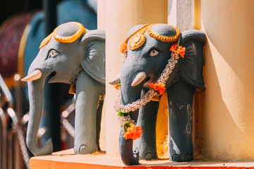 Mapusa, Goa, India. Elephant Statue Near The Shree Ganesh Mandir, Ganeshpuri Temple. Famous...