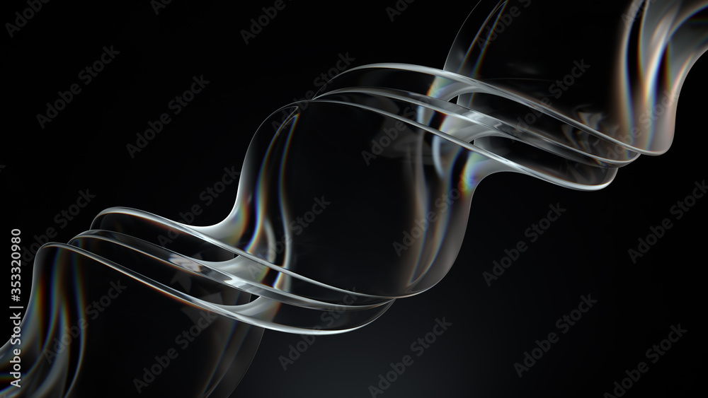Poster smooth 3d render of twisted glass shapes on dark background with dispersion effect.