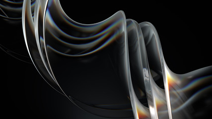 Smooth 3d render of twisted glass shapes on dark background with dispersion effect. - 353320998