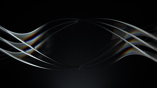 Smooth 3d render of twisted glass shapes on dark background with dispersion effect.