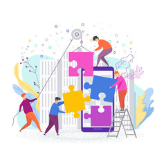 Small people assemble a puzzle. Metaphor of teamwork.