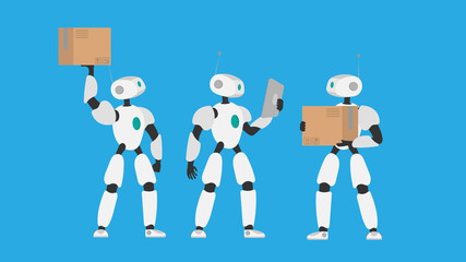 A white robot holds a box. Set of futuristic robots. The concept of future delivery, artificial intelligence and technology. Isolated, vector.