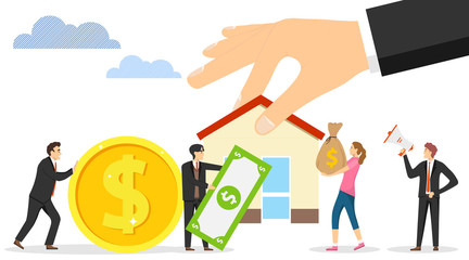 Sale of real estate. Mortgage. A group of people mini characters pay money for buying a home to an insurance agent. Vector illustration.