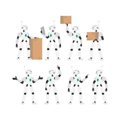 A white robot holds a box. Set of futuristic robots. The concept of future delivery, artificial intelligence and technology. Isolated, vector.
