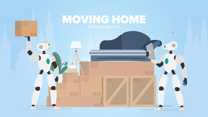 Moving home banner. Moving to a new place. A white robot holds a box. Carton boxes. The concept of the future, delivery and loading of goods using robots. Vector.