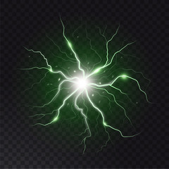 Lightning flash and spark. Lightning strikes and sparks, electrical energy on dark transparent background. Natural phenomenon of human nerve or neural cells system